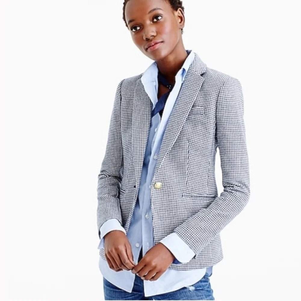 J.Crew Campbell Wool Blend Blazer Navy White Houndstooth Gold Crest Button Sz 14